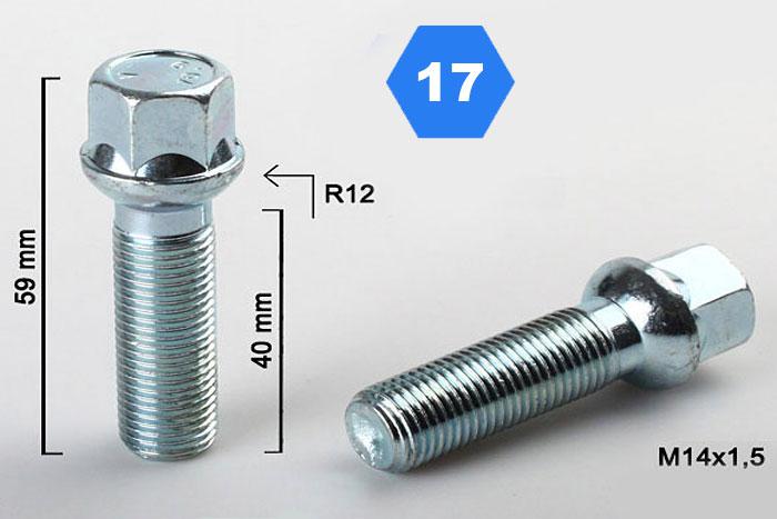 M14x1,5, Radius 12, Wielbout radius, Draadlengte 40mm, SW 17, o.a. Mercedes
